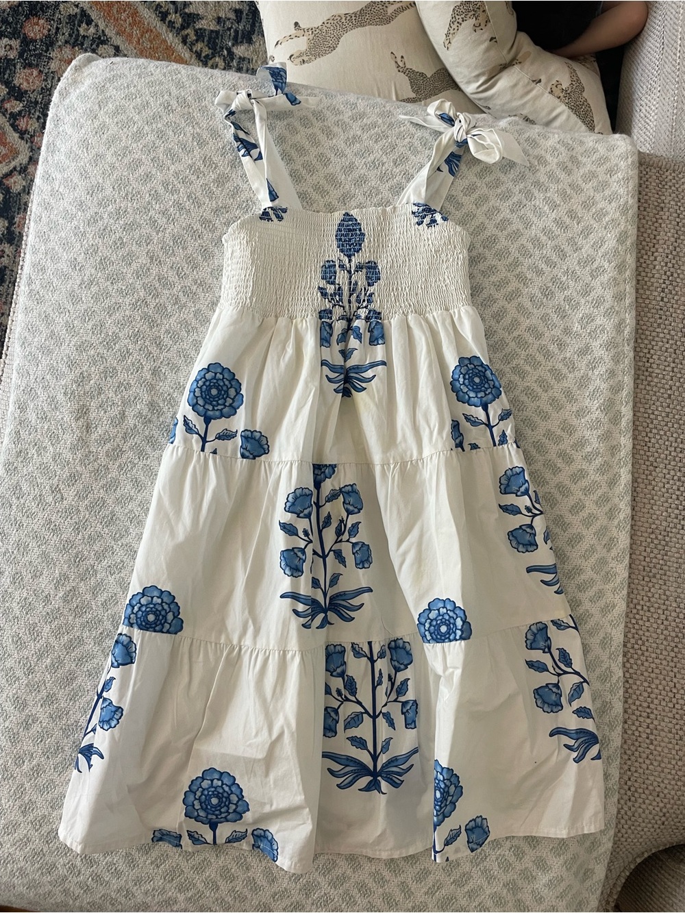 Girls' White Sundress with Blue Floral Print